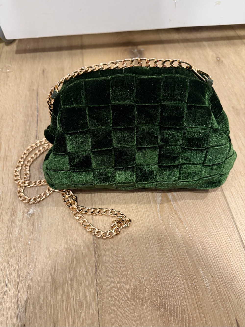 Anthropology Maeve Dark Green Velvet Woven Crossbody with Gold Chain